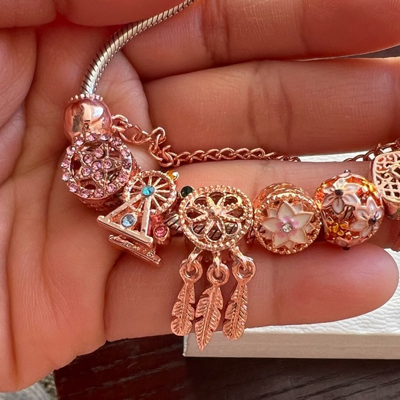 Pandora Rose Gold Pave Heart Clasp Bracelet with Fantasy Rose Gold Theme Charms - Picture 6 of 11